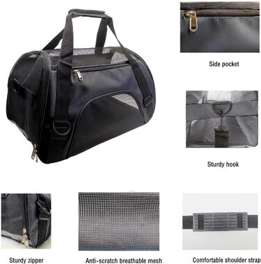 Транспортна сумка для тварин, схвалена авіаперевізниками, для середніх та малих котів, цуценят, кошенят, собак/котів, чорна сумка для подорожей з тваринами (розмір M)