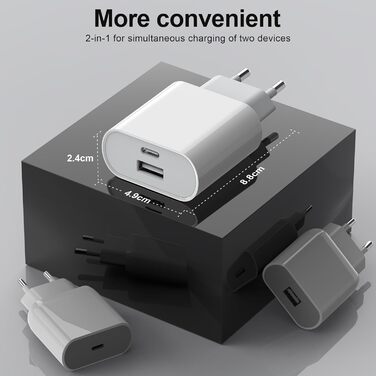 Мережевий адаптер USB-C 20W 2 порти для iPhone 16/16 Pro/16 Pro Max/16 Plus/15/14/13/12/11 Pro Max/X/XS, Samsung, швидка зарядка, зарядний пристрій