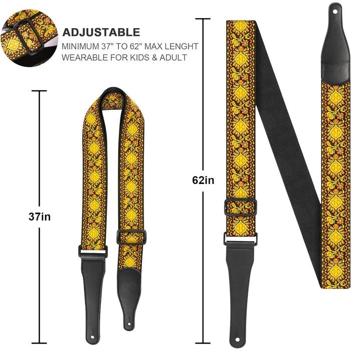 Гітарний ремінь Jacquard з бавовни з шкіряними кінцями для бас-гітари, акустичної та електрогітари, жовтий