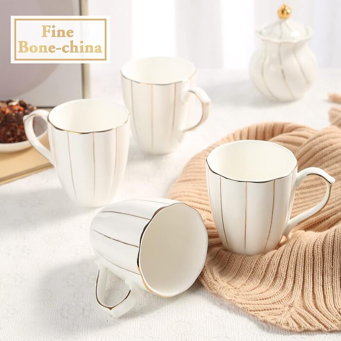 DUJUST Coffee Mug Set of 4 (400ml), Luxurious British Style with Handcrafted Golden Accents, Premium Bone China Cup Set in White and Gold for Coffee & Tea, Beautiful & Elegant