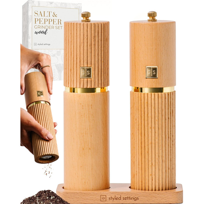 Набір для солі та перцю Styled Settings – 2 шт. ручні млини з регульованим керамічним жорном та дерев'яною підставкою. Ідеальний подарунок (бук).