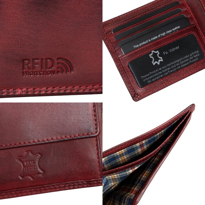 Fa. Volmer® Leather Wallet for Men with RFID Protection - Extra-Stable Double Stitch - 6 Card Slots - Landscape Format (Bordeaux Red)