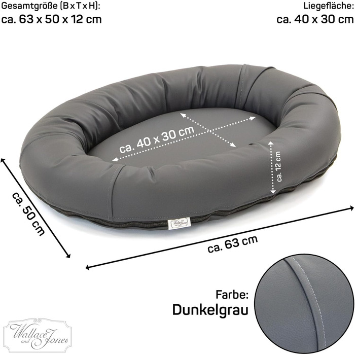Wallace & Jones | Преміум собаче ліжко Болтон, диван для собак 63x50 см, штучна шкіра, для маленьких собак, прихований блискавка, миється, нековзне, темно-сірий 63 x 50 см, темно-сірий