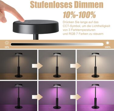 LED-лампа настільна бездротова, акумуляторна, 3 кольори, RGB, регульована яскравість, сенсорне керування, чорна. Підходить для вітальні, спальні, ресторану, вечірки, кав'ярні.