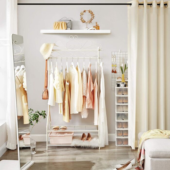 SONGMICS Vintage Style Clothes Rack Wardrobe Clothes Rail with Clothes Rod and 2 Shelves made of Metal 92 x 173 x 41 cm (W x H x D), Cream White, HSR07W