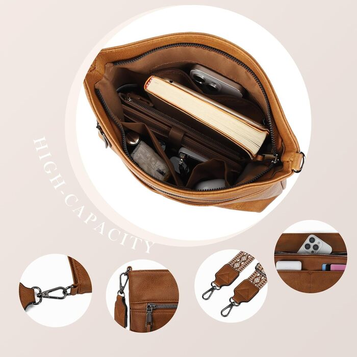 Сумка жіноча Gladdon шкіряна крос-боді середнього розміру коричнева з широким ременем та плечовим ремінцем