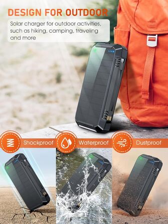 Портативний зарядний акумулятор Solar Powerbank 49800mAh з сонячною панеллю, PD 30W, USB-C, бездротова зарядка 15W, LED-індикатор, ліхтарик, 4 виходи, 2 входи, чорний