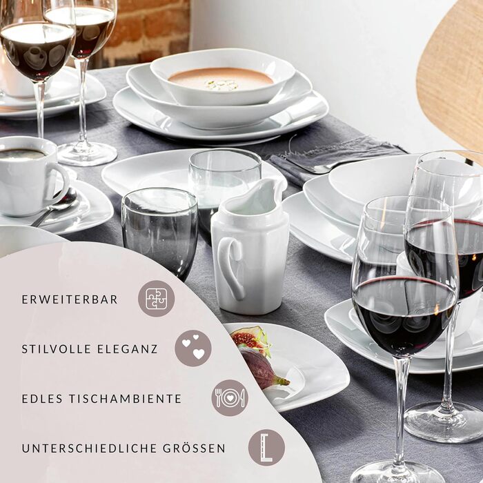 SÄNGER | Bilgola White Tableware Set, 18-Piece Dinnerware Set for 6 People with Soup, Dessert, & Flat Plates Made of Porcelain | PREMIUM COLLECTION Tableware Set 18 pcs