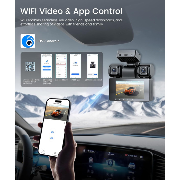 Автомобільний відеореєстратор 360° 4K/FHD 1080P (4 канали: передній, задній, лівий, правий) з ІК-нічним баченням, G-сенсором, моніторингом паркування 24г та карткою пам'яті 64 ГБ, екран 3 дюйми