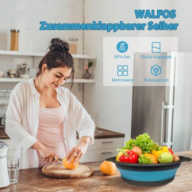 Набір сит WALFOS® складаних силіконових для кухні (3 шт) - для овочів, фруктів, макаронів - 24.6+29.2+34 см, блакитний