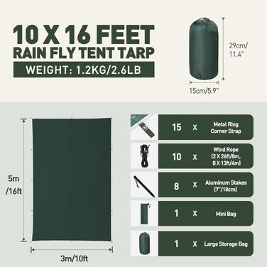 VOSOIR Waterproof Camping Tarp - 3x3/3x5M - UV Protection, Lightweight, with Grommets, Stakes & Rope - for Camping, Hiking, Picnics, Hammocks