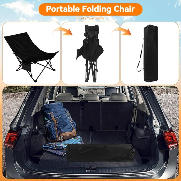 Крісло для кемпінгу складне, до 150 кг, легке, регульоване, з сумкою, для відпочинку на природі, риболовлі, саду, пляжу, піших прогулянок (Чорний)