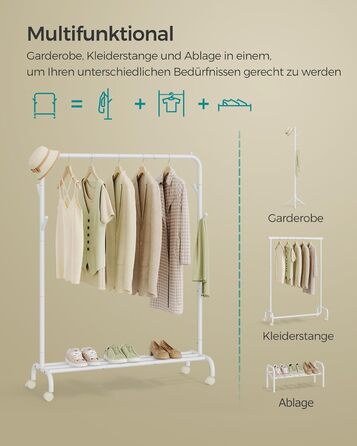 SONGMICS Вішалка для одягу на колесах, металева, біла, до 50 кг, 103,5 см, HSR131W01 Wolkenweiß