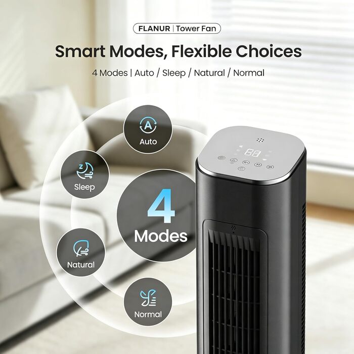 Вежа-вентилятор FLANUR WiFi Alexa 91 см: Тихий вентилятор з пультом, 4 режими, 90° осциляція, таймер 12 год, чорний