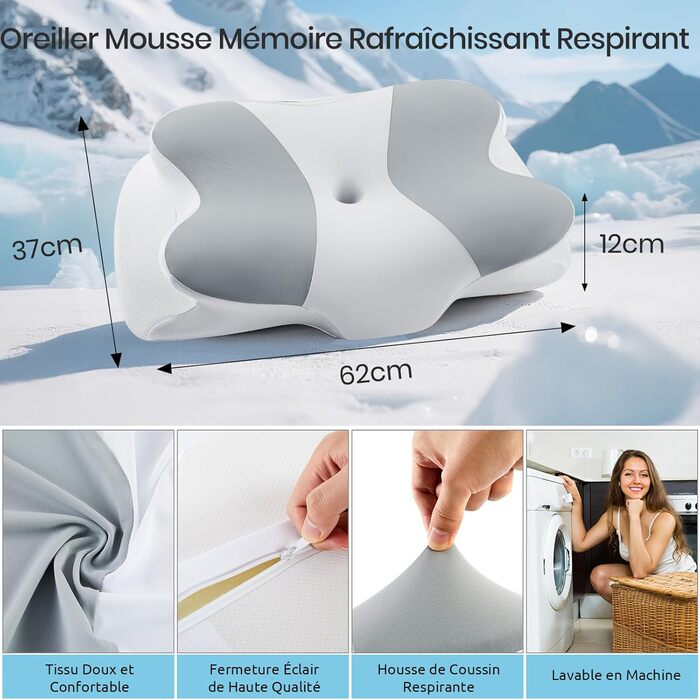 Подушка для шиї та голови DONAMA з піни Memory Foam, 62x37x12 см, сіро-біла, для сну на боці, спині та животі