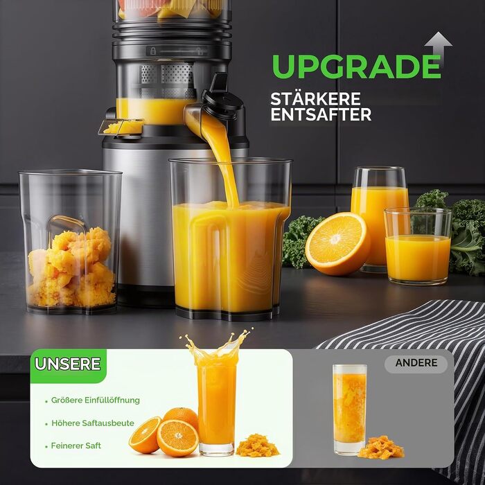 Електрична соковижималка для овочів та фруктів Slow Juicer, шнекова соковижималка для смузі та сорбету, широкий завантажувач 130мм, 250Вт, срібляста
