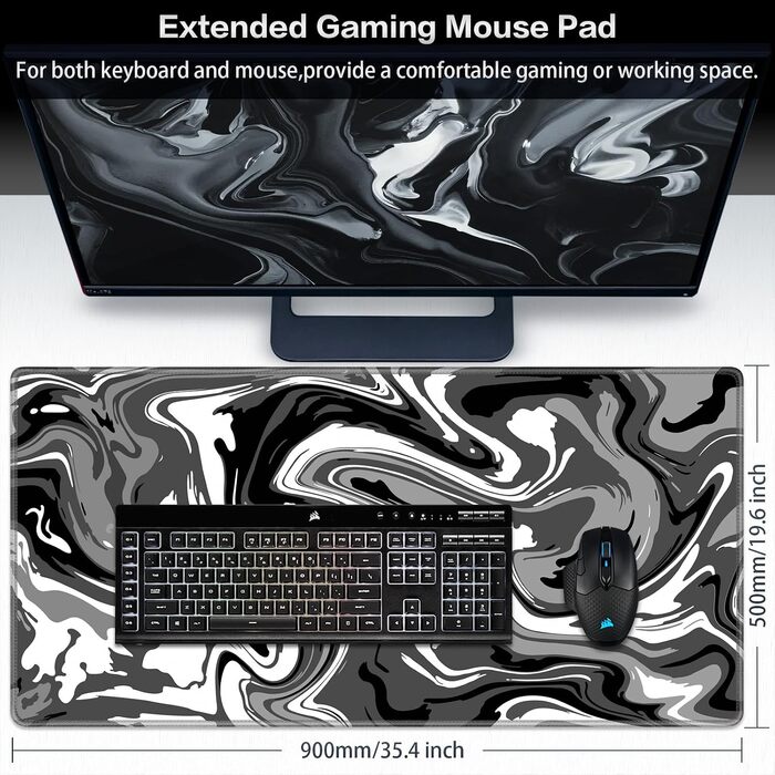 Ігровий килимок для миші Abetcabe XXL Gaming, підкладка на стіл 900 x 500 x 3 мм, чорно-сірий Fluid