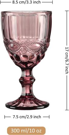 Joeyan Lila Vintage Wine Glasses with Embossed Design, Colored Relief Red Wine Glasses White Wine Glasses, Drinking Glasses, Goblet Glasses, Wine Goblet for Wine Juice Drinks, 300 ml, Set of 4, Dishwasher Safe