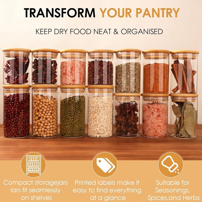 Набір скляних банок для спецій Cinnani 250 мл (12 шт) з дерев'яними кришками, герметичні, з етикетками