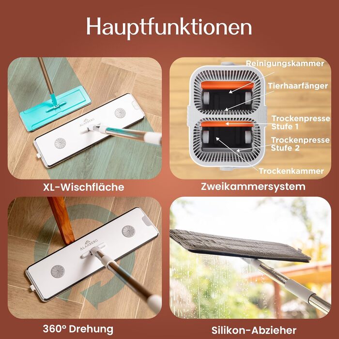 Набір для миття підлоги XL з відром, 2-камерна система, телескопічна ручка 143-181 см, плоский моп 40 см, самовіджимання з видаленням шерсті тварин та 2 мікрофібровими накладками, білий – ALANBERG®