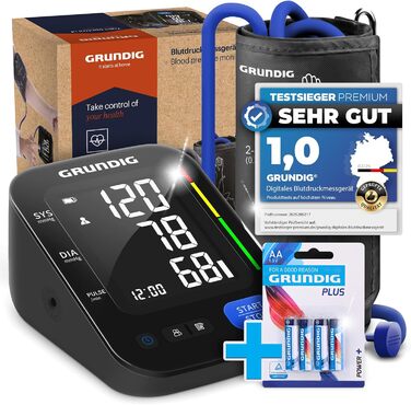 Тонометр Grundig на плече - високоточний, простий у використанні, з визначенням аритмії та оцінкою ризиків (чорний)