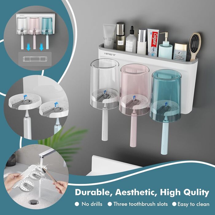 NPET Toothbrush Holder for Bathroom, 3 Cups, Toothbrush Holder Set, Wall Mount, Ideal Bathroom Accessory Organization