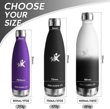 Термос KollyKolla: термопляшка з нержавіючої сталі 500мл/750мл/1л, без BPA, для дітей, спорту, школи, подорожей, кемпінгу. Не протікає.