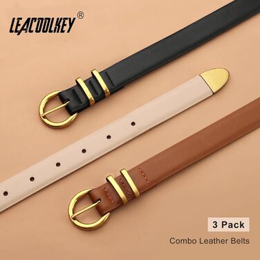 LEACOOLKEY 3 шт. жіночі шкіряні тонкі ремені для джинсів та суконь. В'язані ремені з золотистою та сріблястою пряжкою (100см). Розмір талії 66см-76см, (110см) Розмір талії 77см-91см, B-чорний+коричневий+бежевий (старовинне золото)