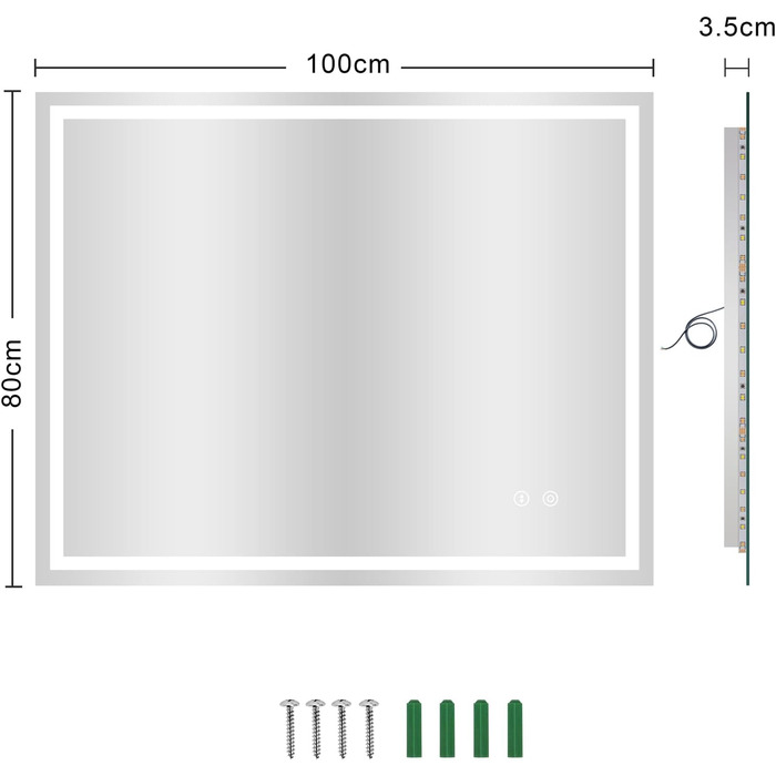 Дзеркало для ванної кімнати з LED-підсвічуванням Dripex, 50x70 см, сенсорне керування, протитуманне покриття, холодний білий світ, енергозберігаюче