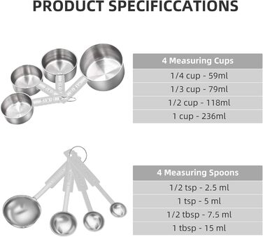 Набір мірних ложок та мірний стакан з нержавіючої сталі (8 шт.) - для рідин та сухих інгредієнтів, випічки