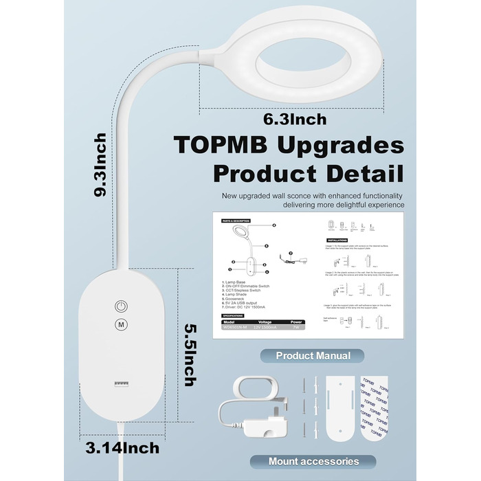 Світлодіодна настінна лампа для читання з USB, 10 Вт, 4 режими кольору, димування, функція пам'яті, таймер автовимкнення, біла