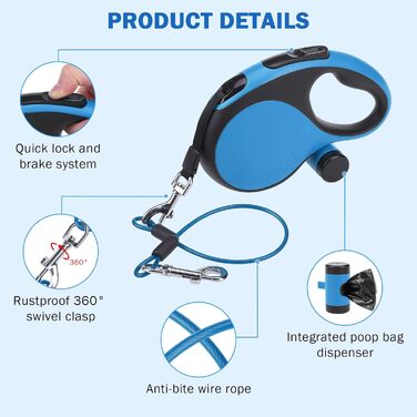 Рулетка для собак SCENEREAL: міцна, 7.9 м, для собак до 50 кг, з анти-гризучою ниткою та диспенсером для відходів (Блакитна)
