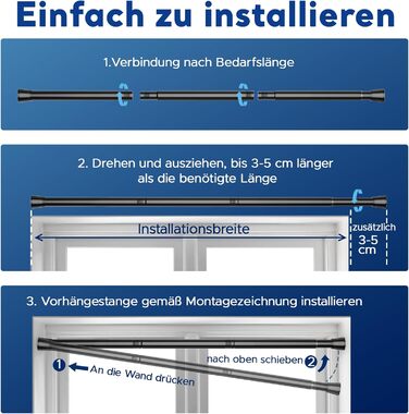 Штанга для карнизів без свердління – Ø 25 мм, 1 шт. Регульована телескопічна штанга для кріплення, для штор, душової завіси та гардеробу (Чорний, 71-98 см)