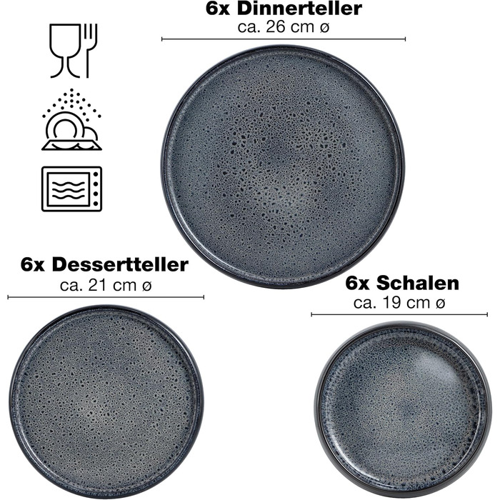 Набір посуду Moritz & Moritz Massives: 18 предметів для 6 осіб - елегантні тарілки та миски з кераміки, антрацит, сумісний з мийною машиною та мікрохвильовкою