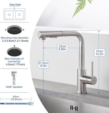 Висувна кухонна змішувач з душем, 360° поворот, нержавіюча сталь, 2 режими струменя, кухонна змішувач преміум-класу, сріблястого кольору