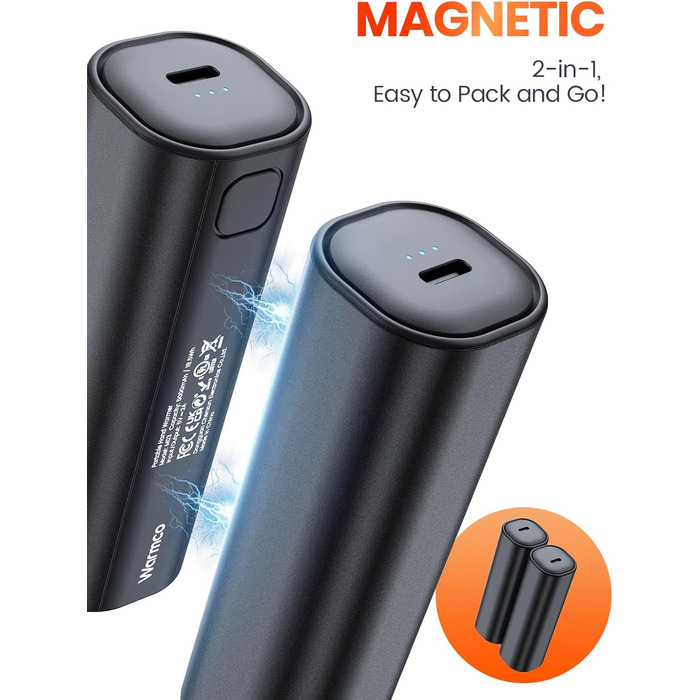 Електричний грієчка для рук Warmco 2 шт., 10000mAh, USB Powerbank, 3 рівні нагріву, для чоловіків та жінок, Outdoor, Гольф, кемпінг, чорний