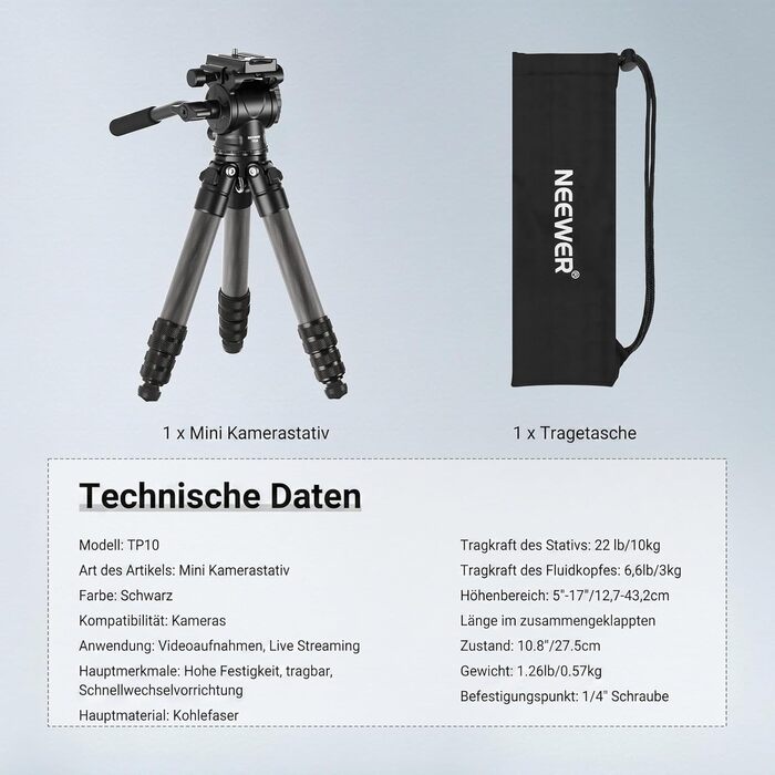 Міні-штатив NEEWER з карбонового волокна (TP10) для DSLR камери, смартфона та відеокамери, з кулястою головою 360°, тримачем для телефону та пультом керування, компактний дорожній штатив