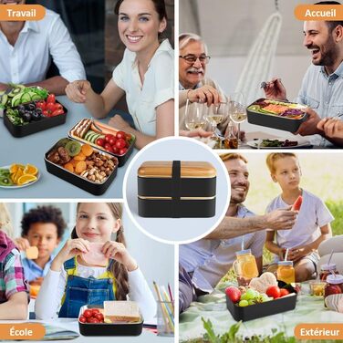 HOLIPOT Ланчбокс Bento Box з роздільниками, 2 рівні, з нержавіючої сталі та PP, з набором столових приборів та сумкою, для дітей та дорослих (Чорний)