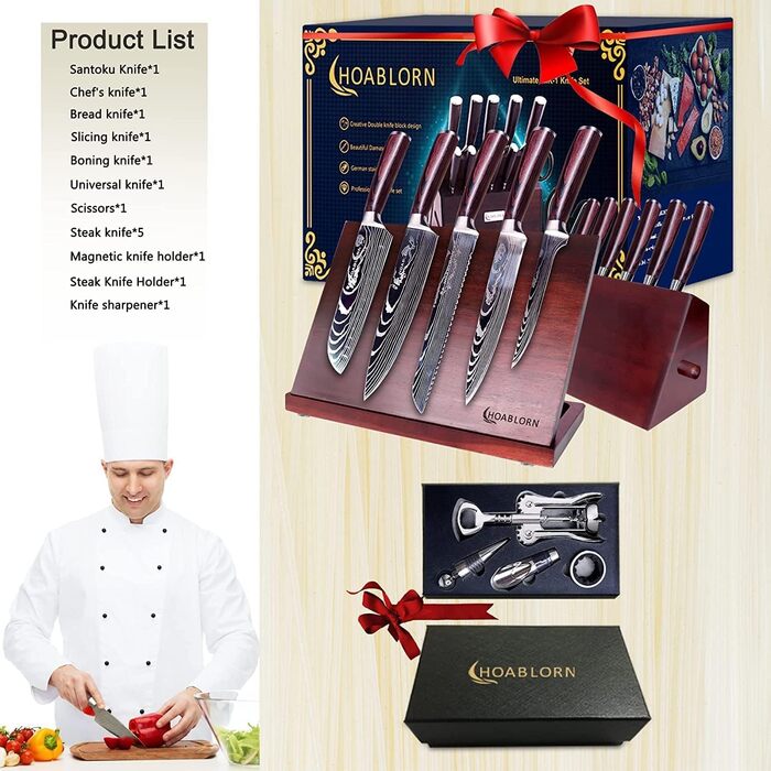 Набір кухонних ножів Hoablorn 15 предметів з блоком: високоякісний набір ножів з дерев'яним блоком, ідеальний для дому та як подарунок