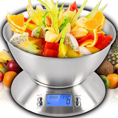 Кухонні ваги Retoo з мискою 1,8 л та LCD-дисплеєм, ваговий діапазон до 5 кг, точність до 1 г, електронні ваги з нержавіючої сталі, ваги з багатьма одиницями вимірювання та функціями