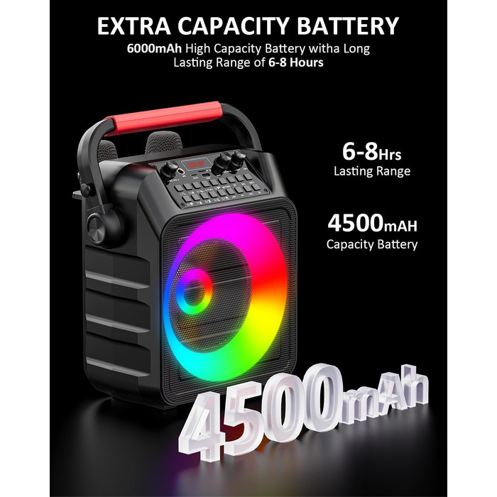 Портативна караоке-машина з 2 мікрофонами та LED-підсвіткою, Bluetooth, AUX, USB, TF, TWS, для вечірок та подарунків (дорослим та дітям)