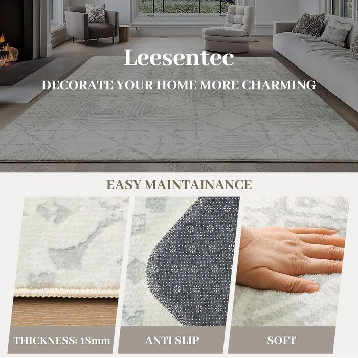 Килим Leesentec для вітальні та спальні: геометричний, антиковзаючий, короткий ворс, бежевий та білий (слонова кістка), розміри 80x120 см та 200x250 см