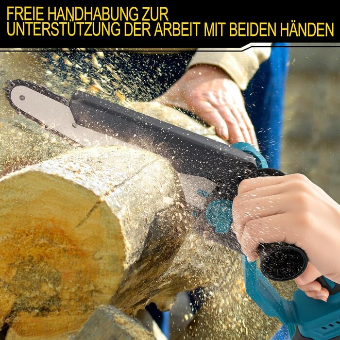 Акумуляторна міні-пила 6 дюймів (20 см) з безщітковим мотором, комплект з 2 ланцюгами 6 дюймів, 2 ланцюгами 8 дюймів, 2 направляючими плитами, 2 батареями високої ємності, для обрізки дерев та різання деревини, блакитна