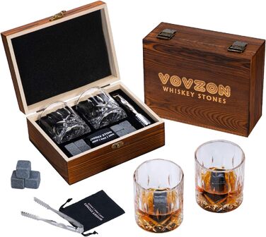 Whiskey Stones Gift Set for Men - 8 Whiskey Scotch Bourbon Chilling Stones, 2 Whiskey Glasses in Wooden Box - Christmas/Father's Day/Birthday/Gift for Dad Papa Friend
