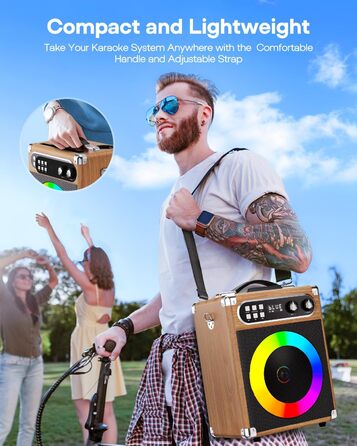 Портативна караоке-система з 2 бездротовими мікрофонами та акумуляторами, 20W, дерев'яний корпус