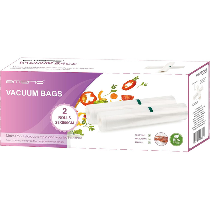 Вакуумний пакувальник Emerio з комплектом аксесуарів: 3м рулон фольги + 5 пакетів (20x30 см), кріплення для рулону, різак, для пакетів до 30 см, 120 Вт