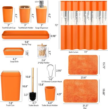 Набір аксесуарів для ванної кімнати, 9 предметів: сміттєвий бак, тримач для зубних щіток, стаканчик для зубних щіток, диспенсер для мила/лосьйону, тумбочка під раковину, мильниця, щітка для унітазу, контейнер для ватних паличок (Помаранчевий, Комплект для