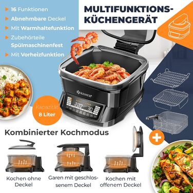 Мультиварка KESSER® 8л з фритюрницею та 16 програм: приготування на грилі, випічка, тушкування, варіння на пару, функція підігріву та швидкої приготування, рисоварка, йогуртниця, чорний