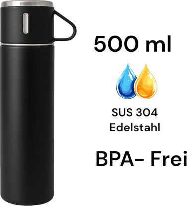 Термофляга 500 мл з нержавіючої сталі – 2 чашки з ручкою – без витоку, BPA-free – з щіткою для чищення – колір: чорний