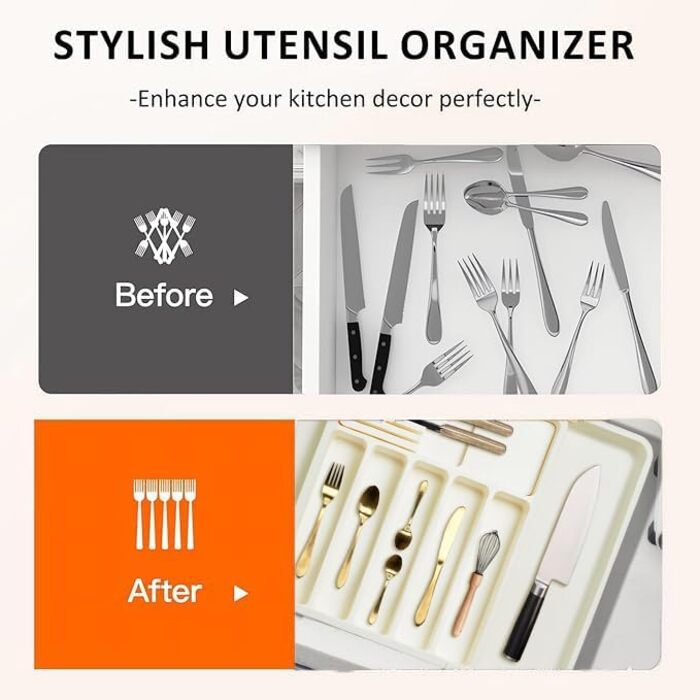 Органайзер для столових приборів ZHUlYIWIN в шухляду, розсувний, з тримачами для ножів, білий пластик